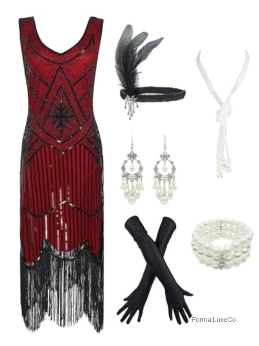 1920s Sequin Fringed Paisley Flapper Dress 20s Accessories Set Costume